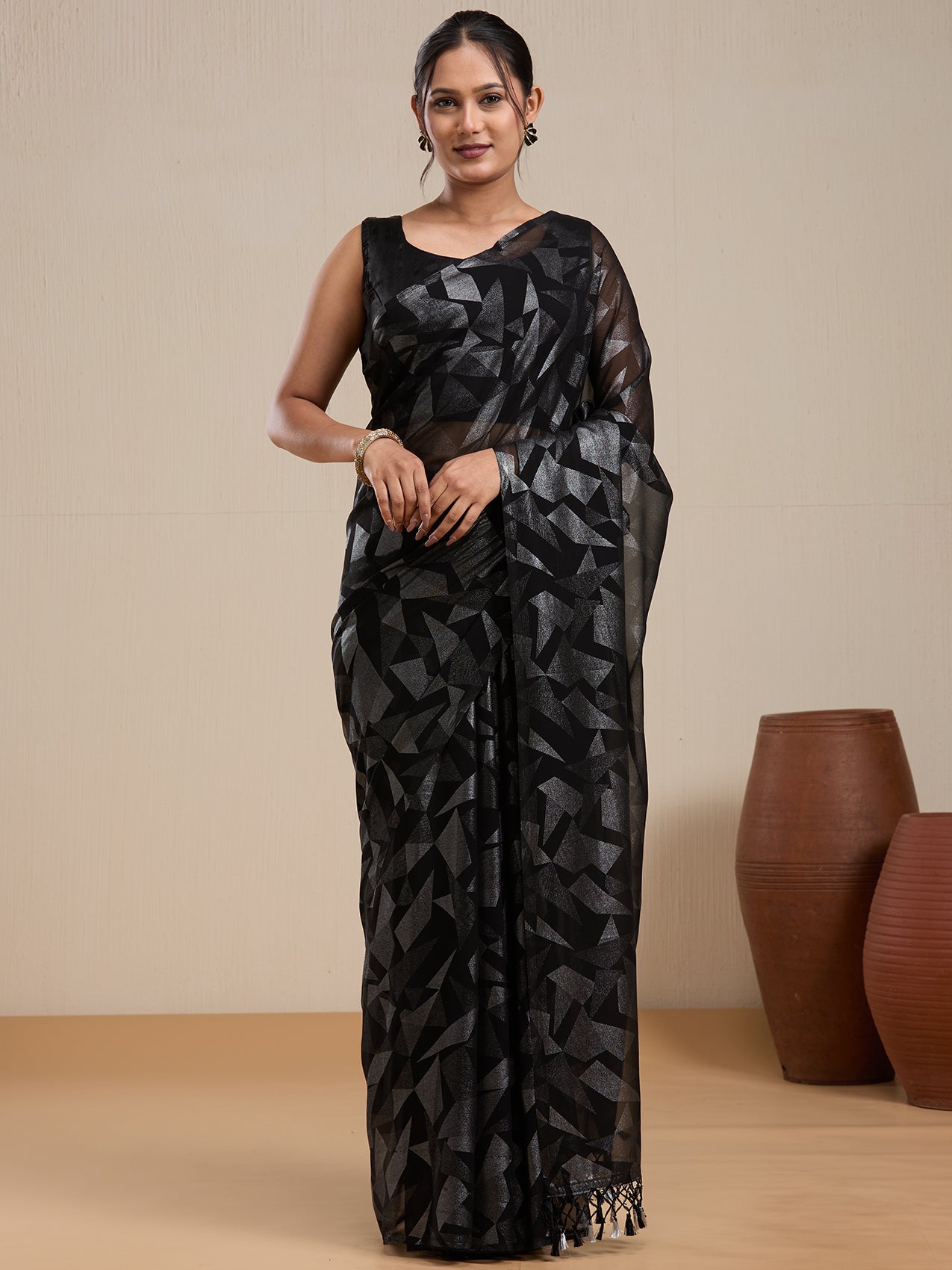 Vervee Couture Black Printed Poly Georgette Saree with Semi Stitched Blouse | EKA