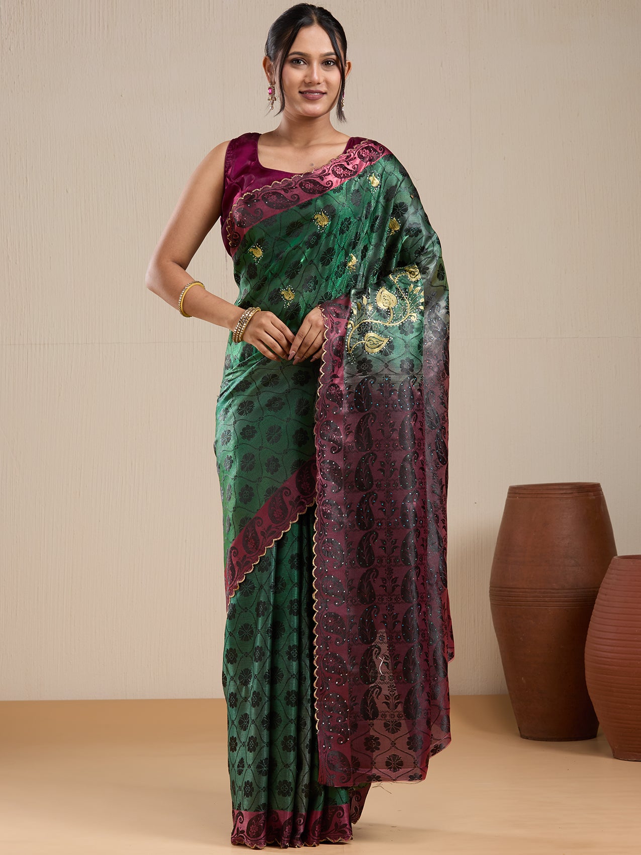 Vervee Couture Green Banarasi Silk Blend Saree with Zari Border and Semi Stitched Blouse | EKA