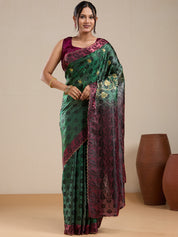 Vervee Couture Green Banarasi Silk Blend Saree with Zari Border and Semi Stitched Blouse | EKA