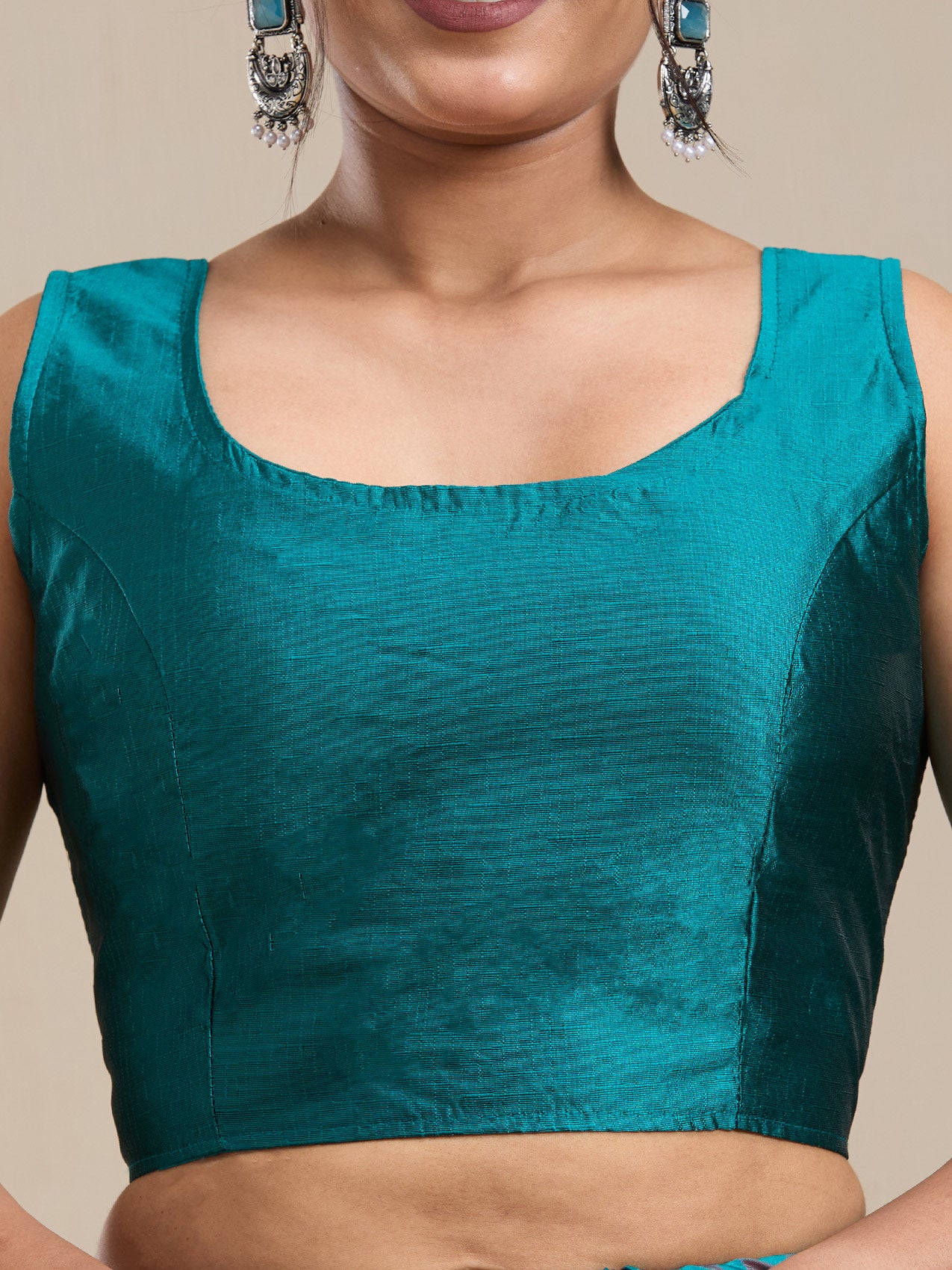 Vervee Couture Teal Silk Blend Saree with Thread Work Border and Semi Stitched Blouse | EKA