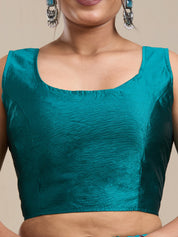 Vervee Couture Teal Silk Blend Saree with Thread Work Border and Semi Stitched Blouse | EKA
