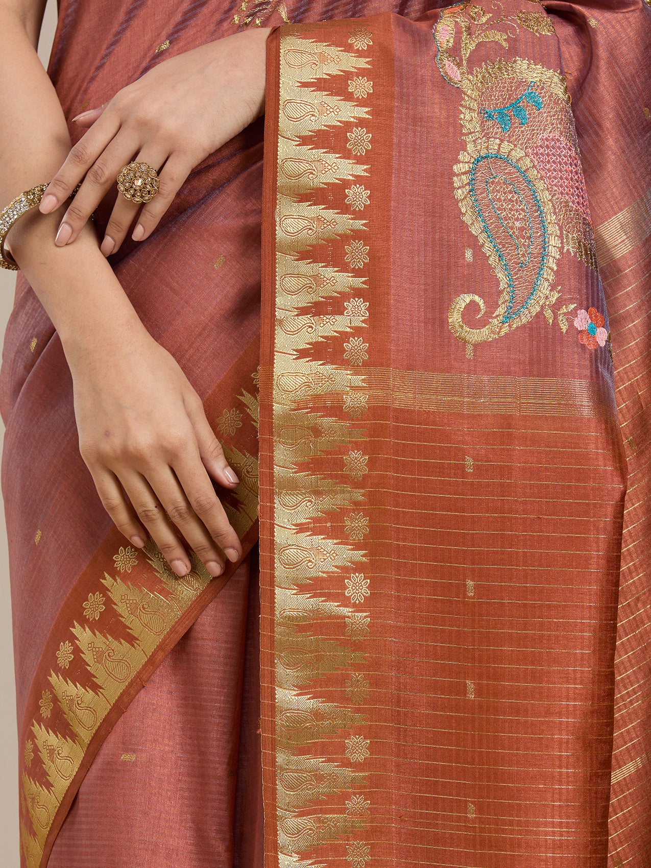 Vervee Couture Copper Gold Printed Silk Blend Saree with Semi Stitched Blouse | EKA