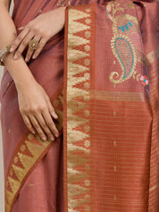 Vervee Couture Copper Gold Printed Silk Blend Saree with Semi Stitched Blouse | EKA