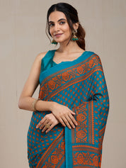 Vervee Couture Teal Printed Poly Georgette Saree with Contrast Border | EKA