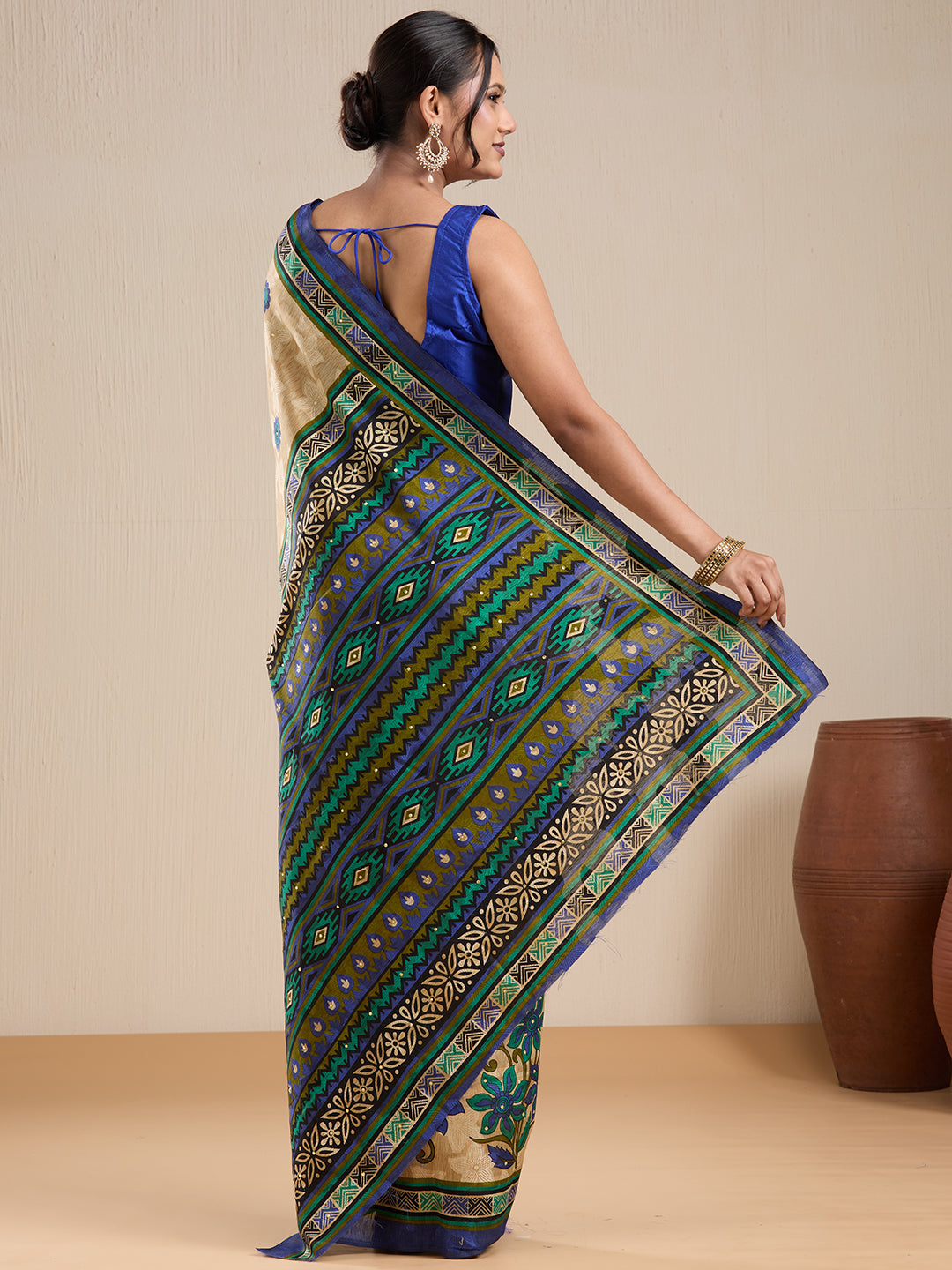 Vervee Couture Beige Silk Blend Saree with Semi Stitched Blouse | EKA