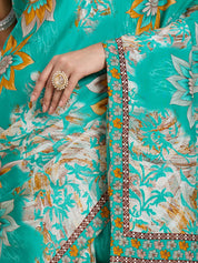 Vervee Couture Blue Yellow Floral Printed Poly Georgette Saree | EKA