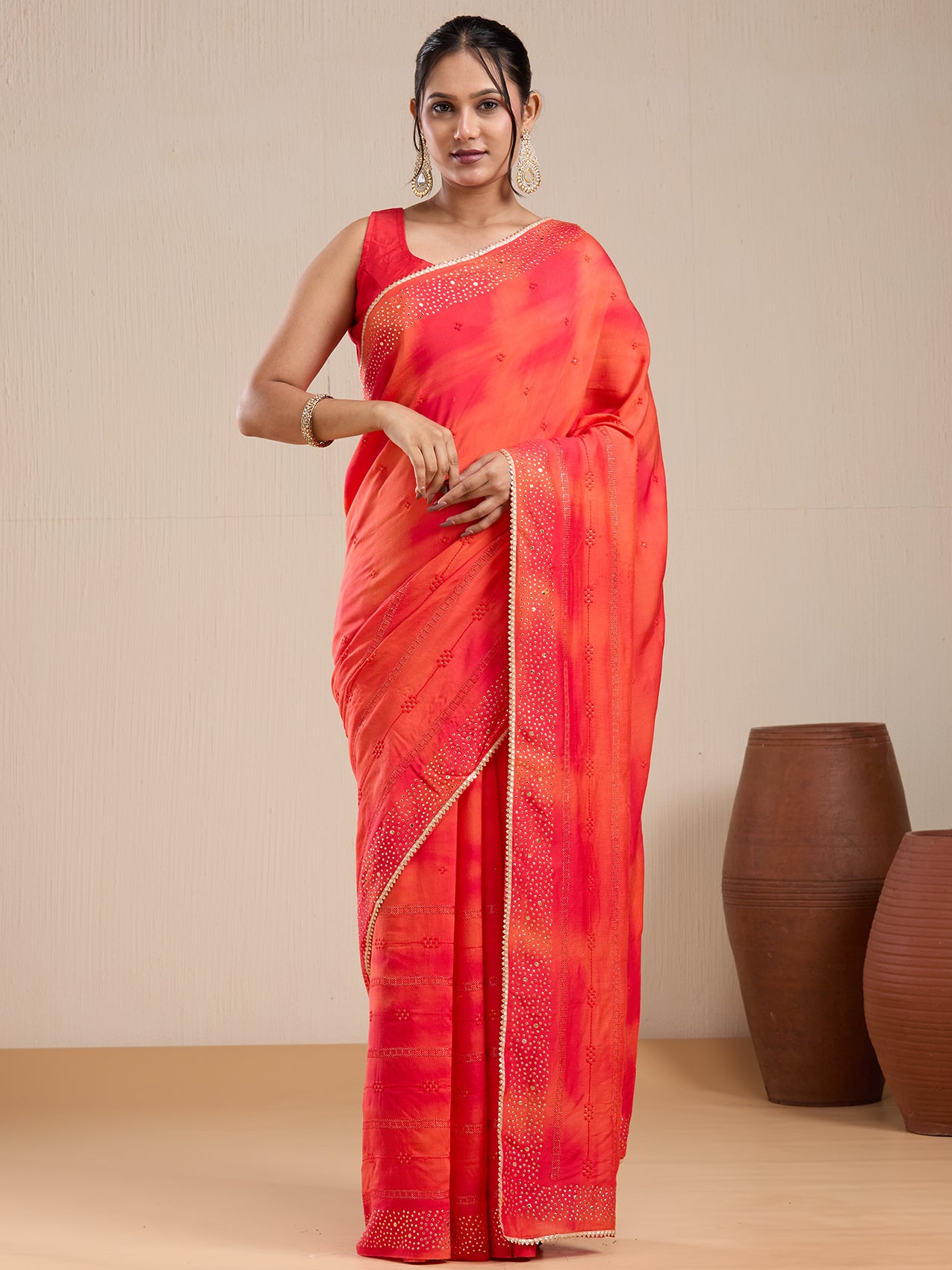 Vervee Couture Orange Poly Georgette Saree with Sequinned Border and Semi Stitched Blouse | EKA