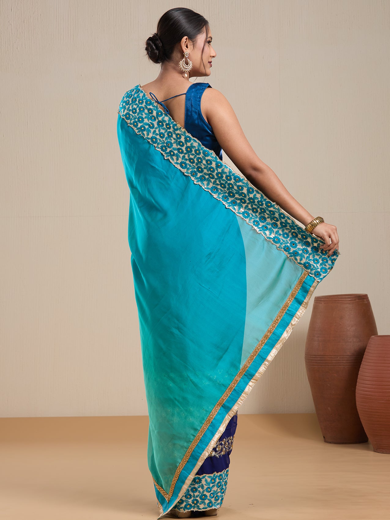 Vervee Couture Blue Silk Blend Saree with Embellished Border | EKA