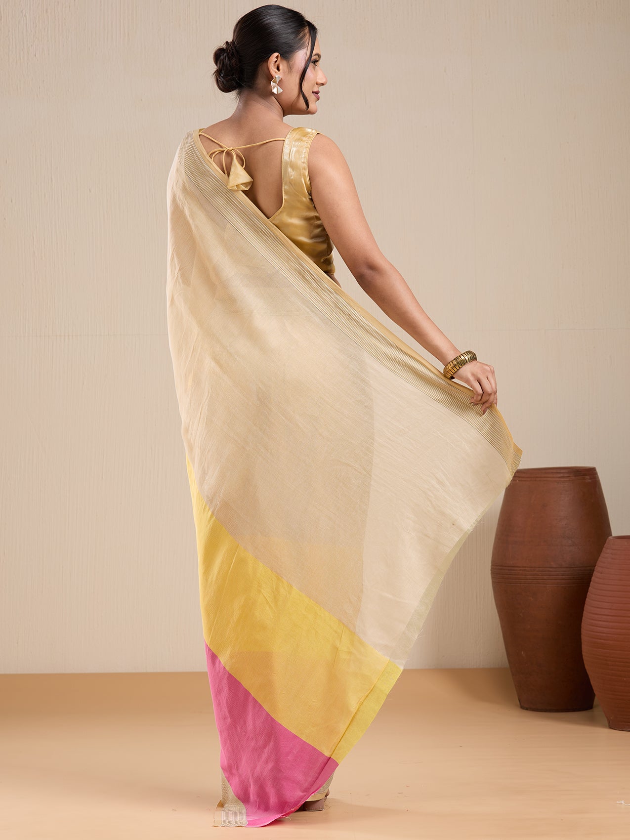 Vervee Couture Beige Pink Colourblock Silk Blend Saree with Semi Stitched Blouse | EKA