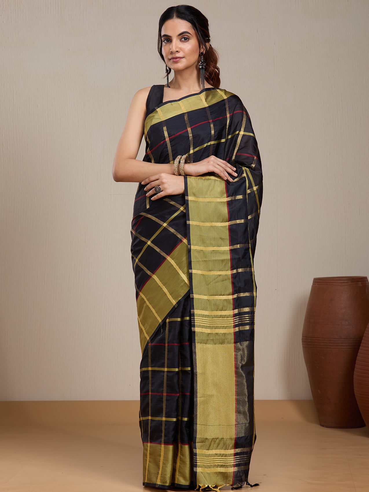 Vervee Couture Black Gold Checked Silk Blend Saree | EKA