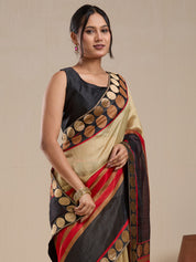 Vervee Couture Beige Silk Blend Saree with Contrast Border and Semi Stitched Blouse | EKA