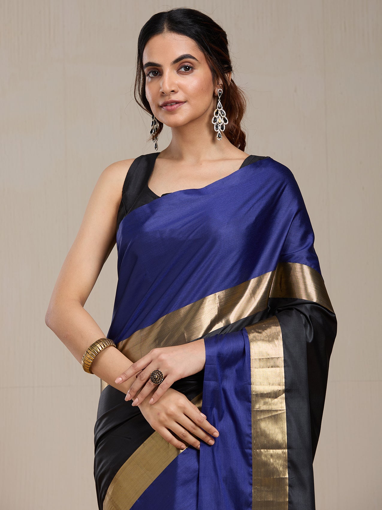 Vervee Couture Blue Black Silk Blend Saree with Zari Border | EKA