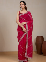 Vervee Couture Pink Embellished Poly Georgette Saree with Heavy Border | EKA