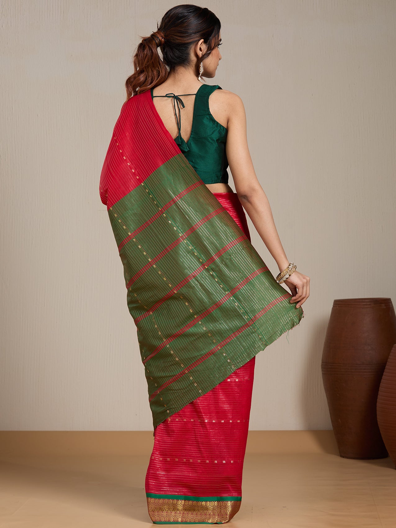 Vervee Couture Red Green Woven Silk Blend Saree | EKA