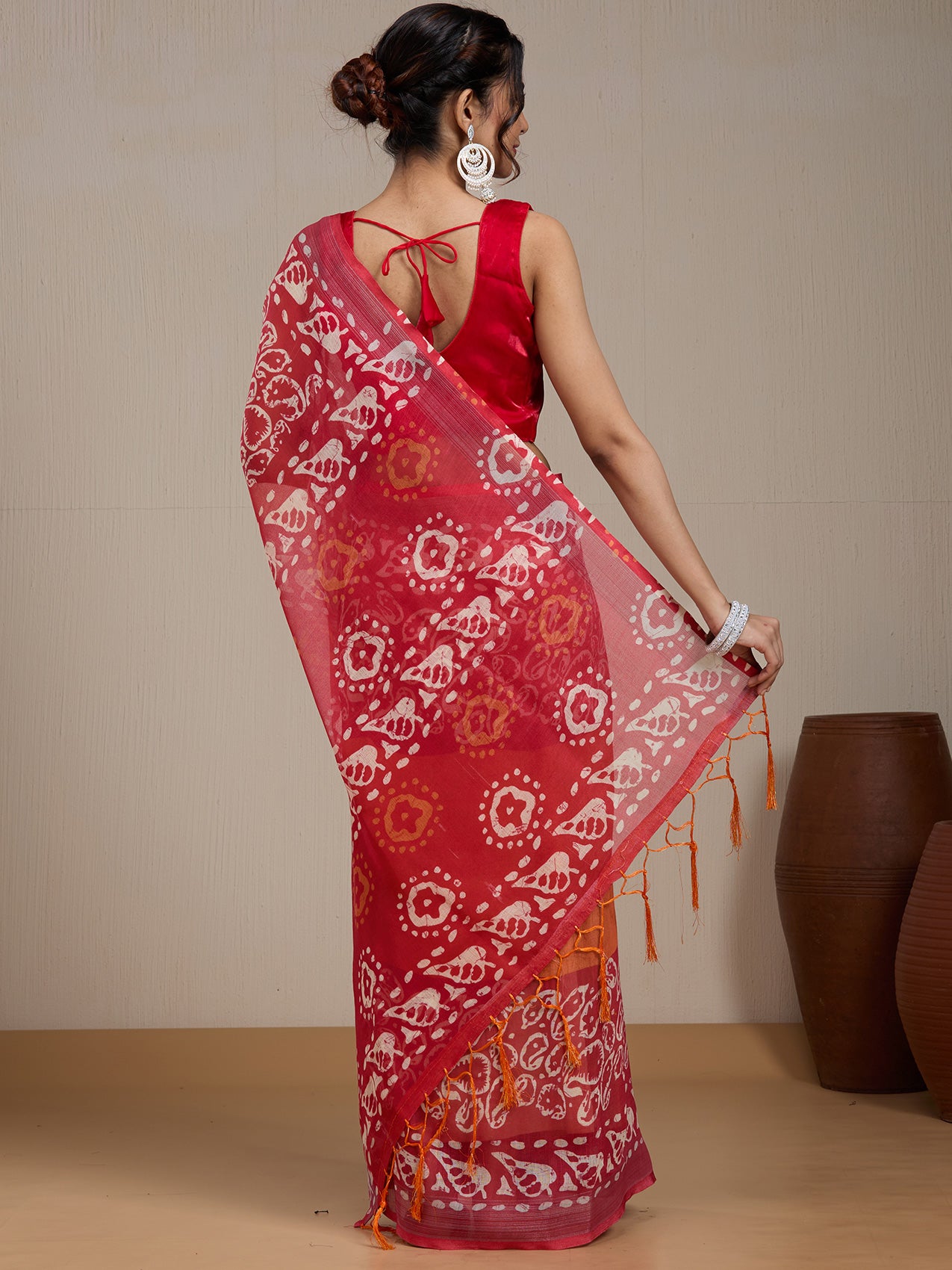 Vervee Couture Red Silk Blend Saree with Printed Border and Semi Stitched Blouse | EKA