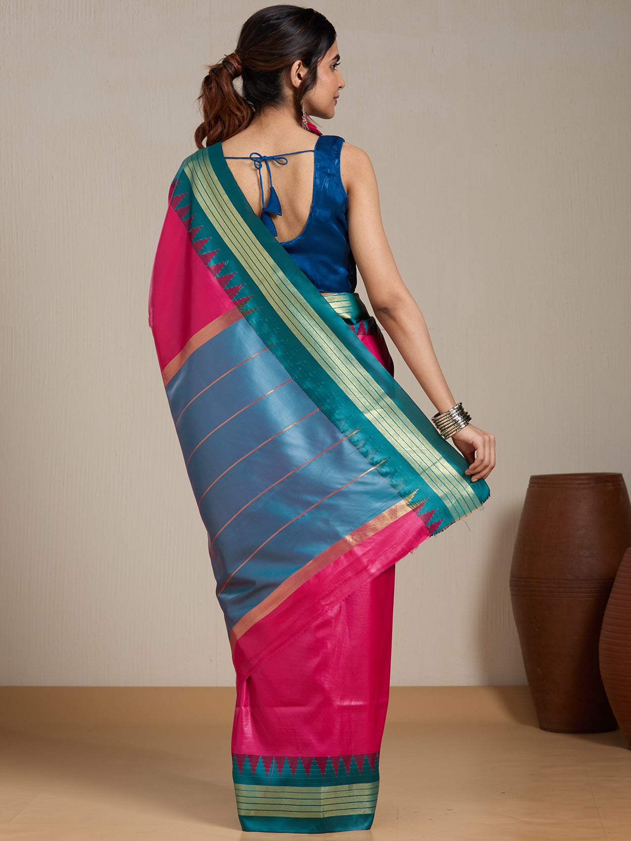Vervee Couture Pink Teal Woven Silk Blend Saree | EKA