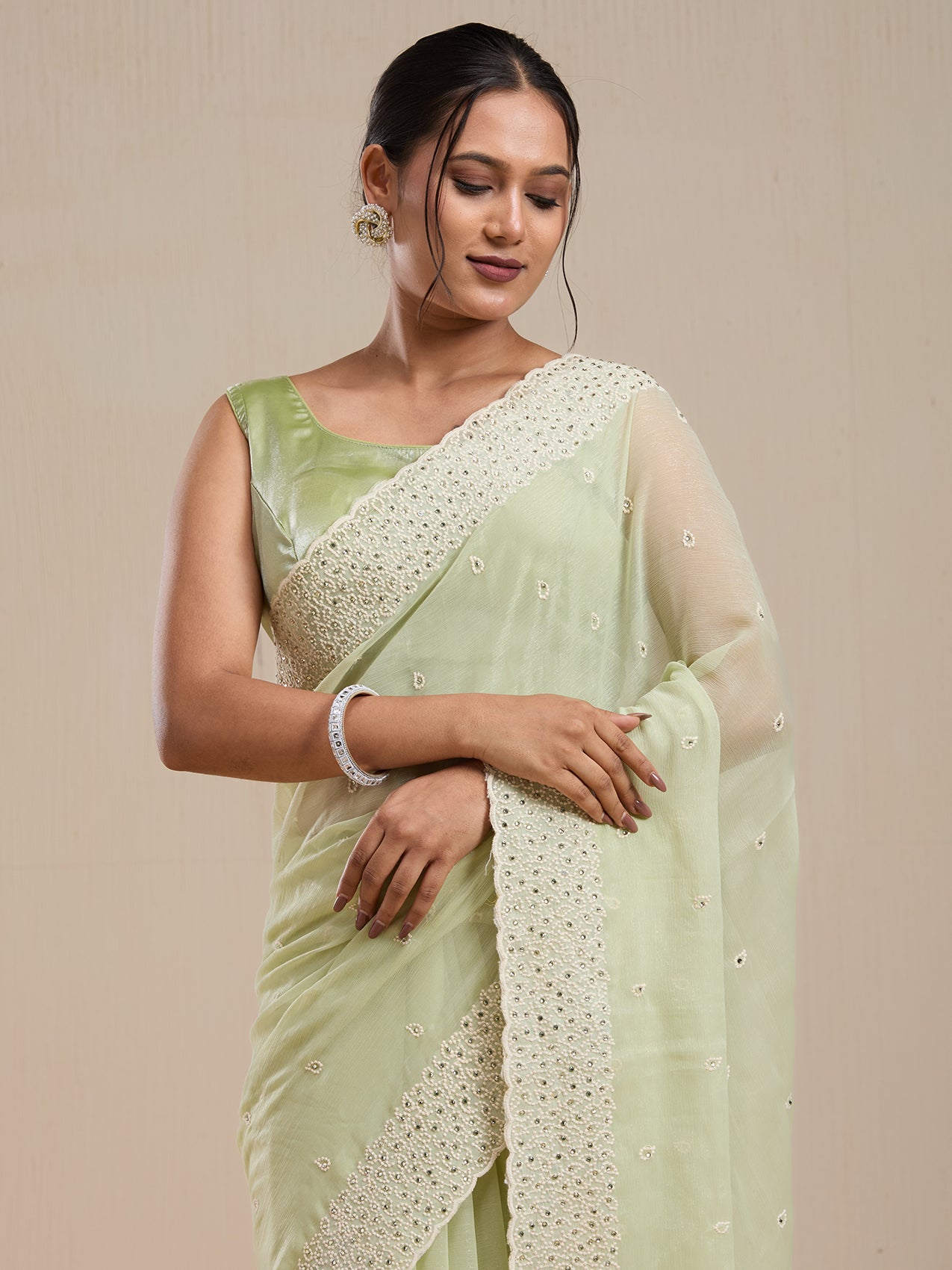 Vervee Couture Green Poly Georgette Saree with Lace Border and Semi Stitched Blouse | EKA