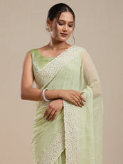 Vervee Couture Green Poly Georgette Saree with Lace Border and Semi Stitched Blouse | EKA