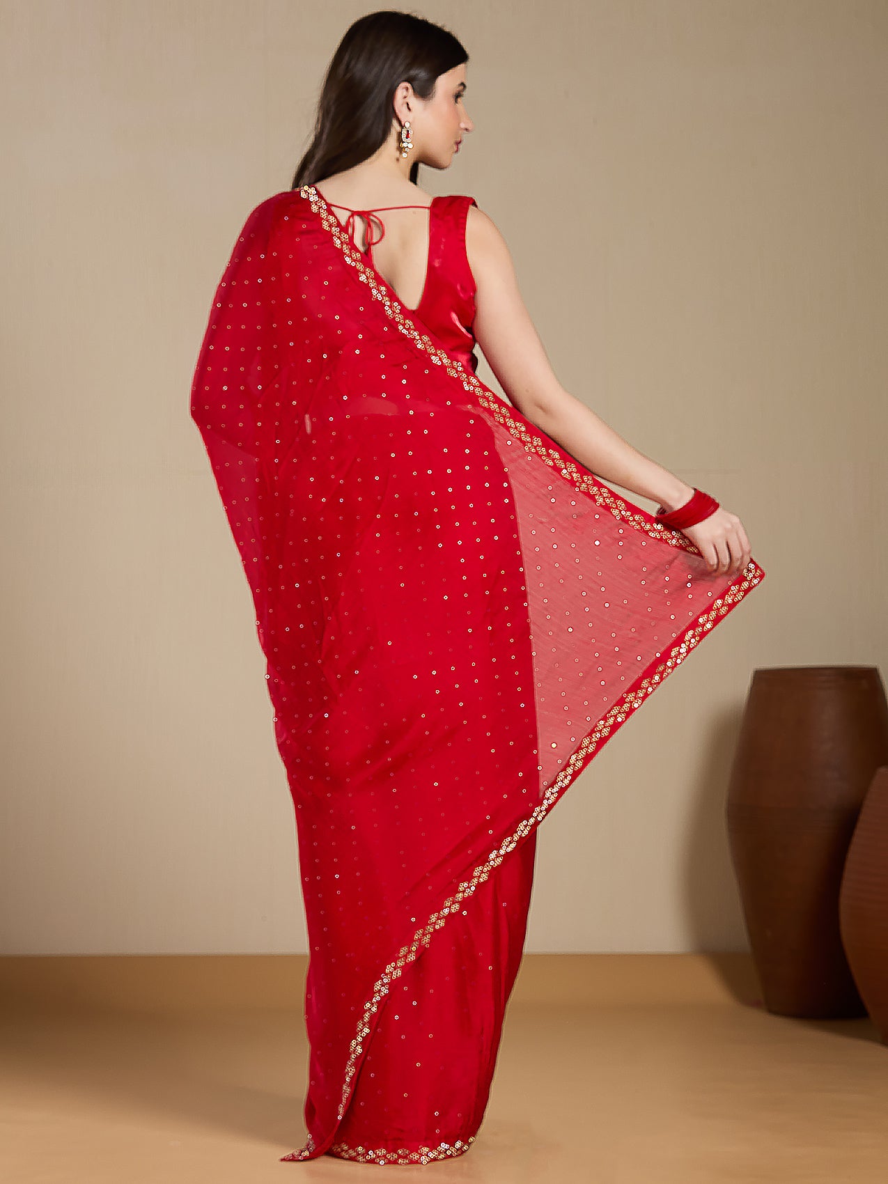 Vervee Couture Red Poly Georgette Saree with Subtle Embellished Border | EKA