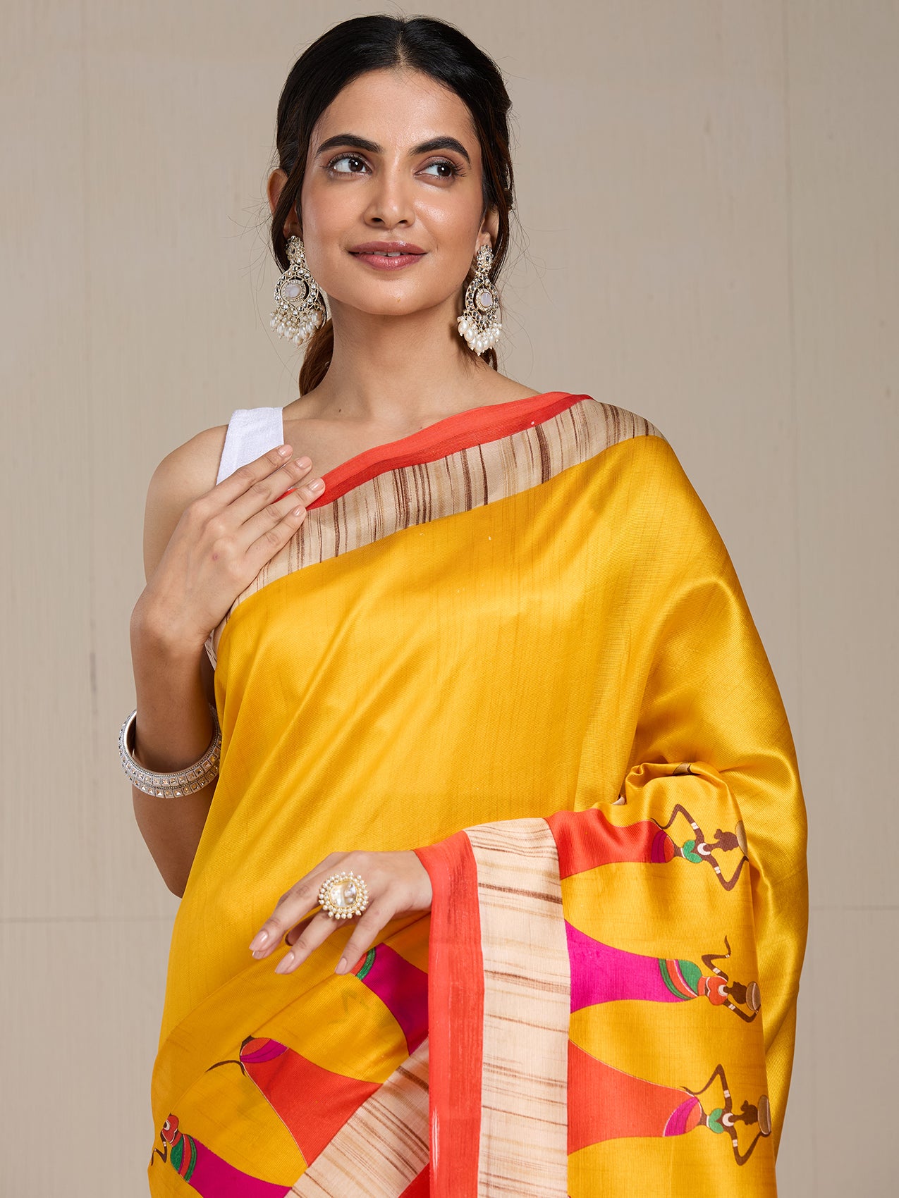 Vervee Couture Yellow Pink Printed Silk Blend Saree with Ethnic Motifs | EKA