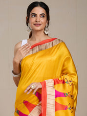 Vervee Couture Yellow Pink Printed Silk Blend Saree with Ethnic Motifs | EKA