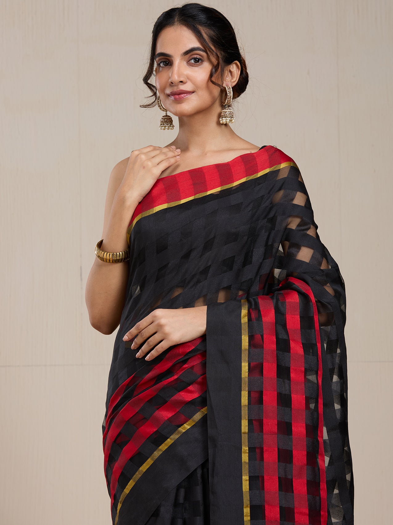 Vervee Couture Black Red Checked Silk Blend Saree | EKA