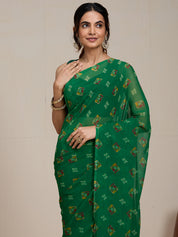 Vervee Couture Green Ethnic Printed Poly Georgette Saree | EKA