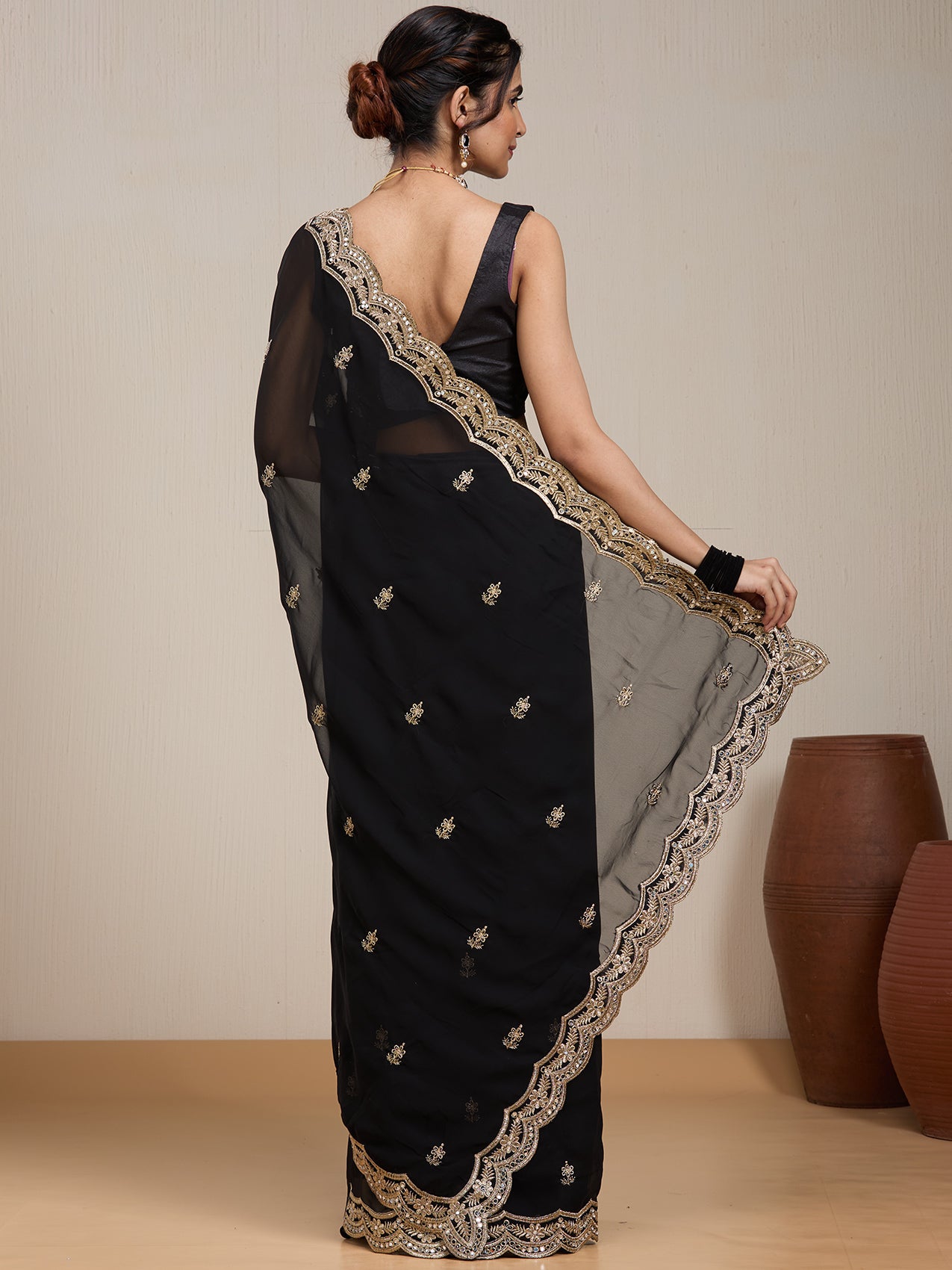 Vervee Couture Black Embellished Poly Georgette Saree with Zari Border | EKA