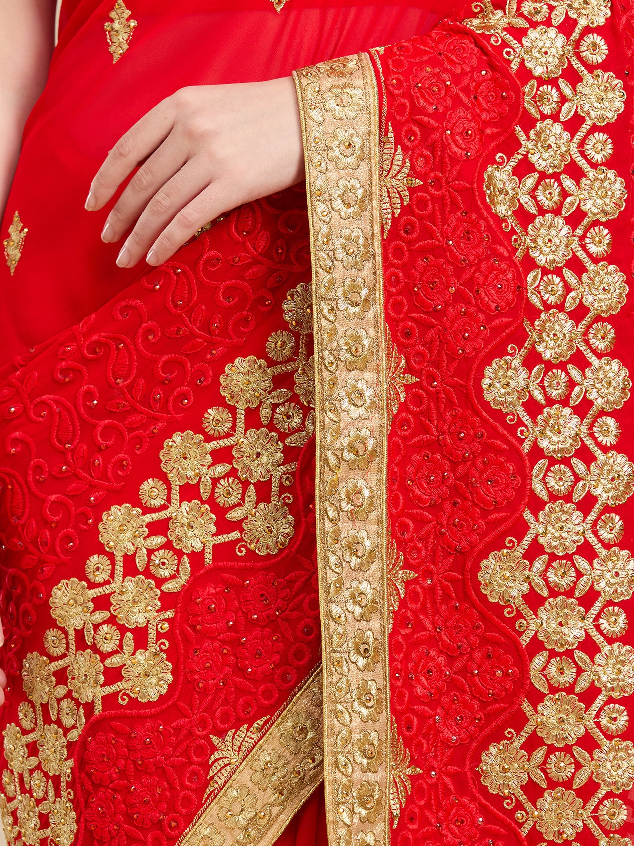 Vervee Couture Red Poly Georgette Saree with Heavy Zari Border | EKA