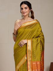 Vervee Couture Olive Green Rust Orange Woven Silk Blend Saree | EKA