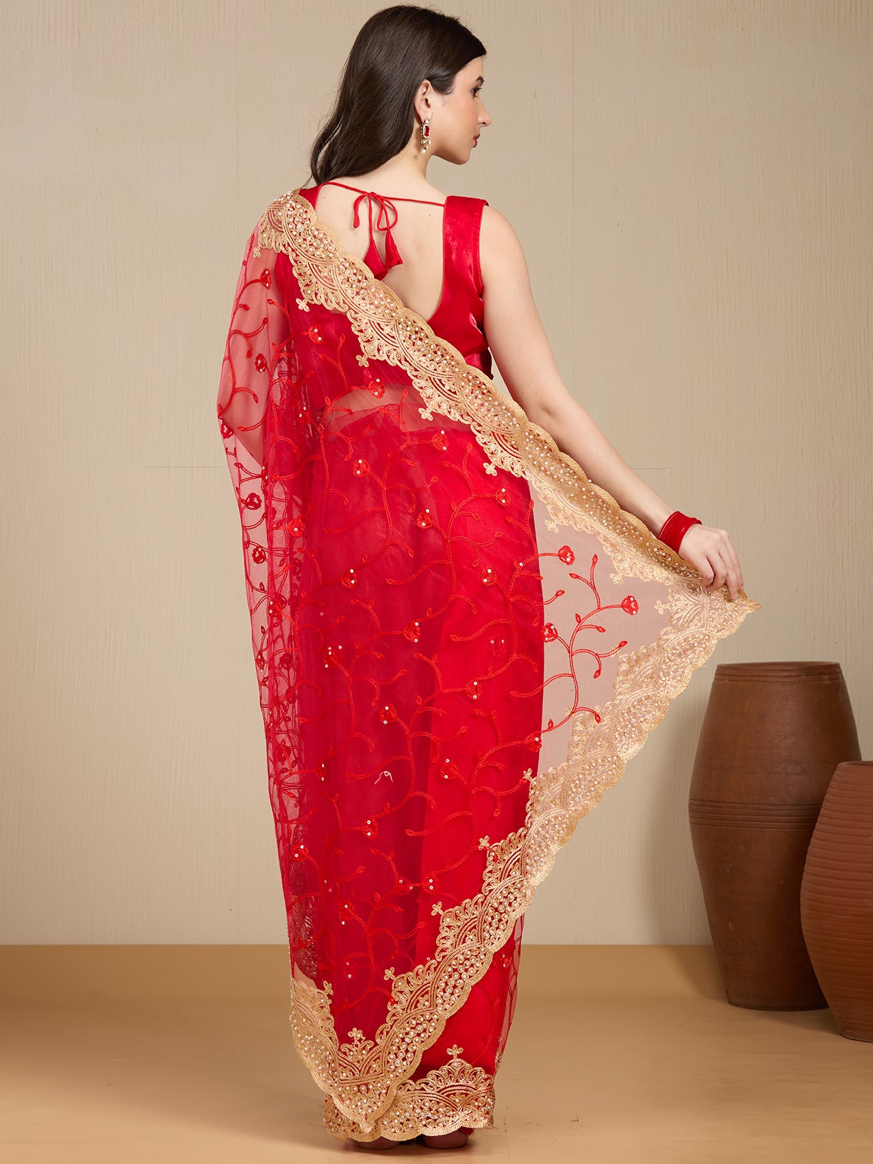 Vervee Couture Red Pure Net Saree with Floral Zari Border | EKA