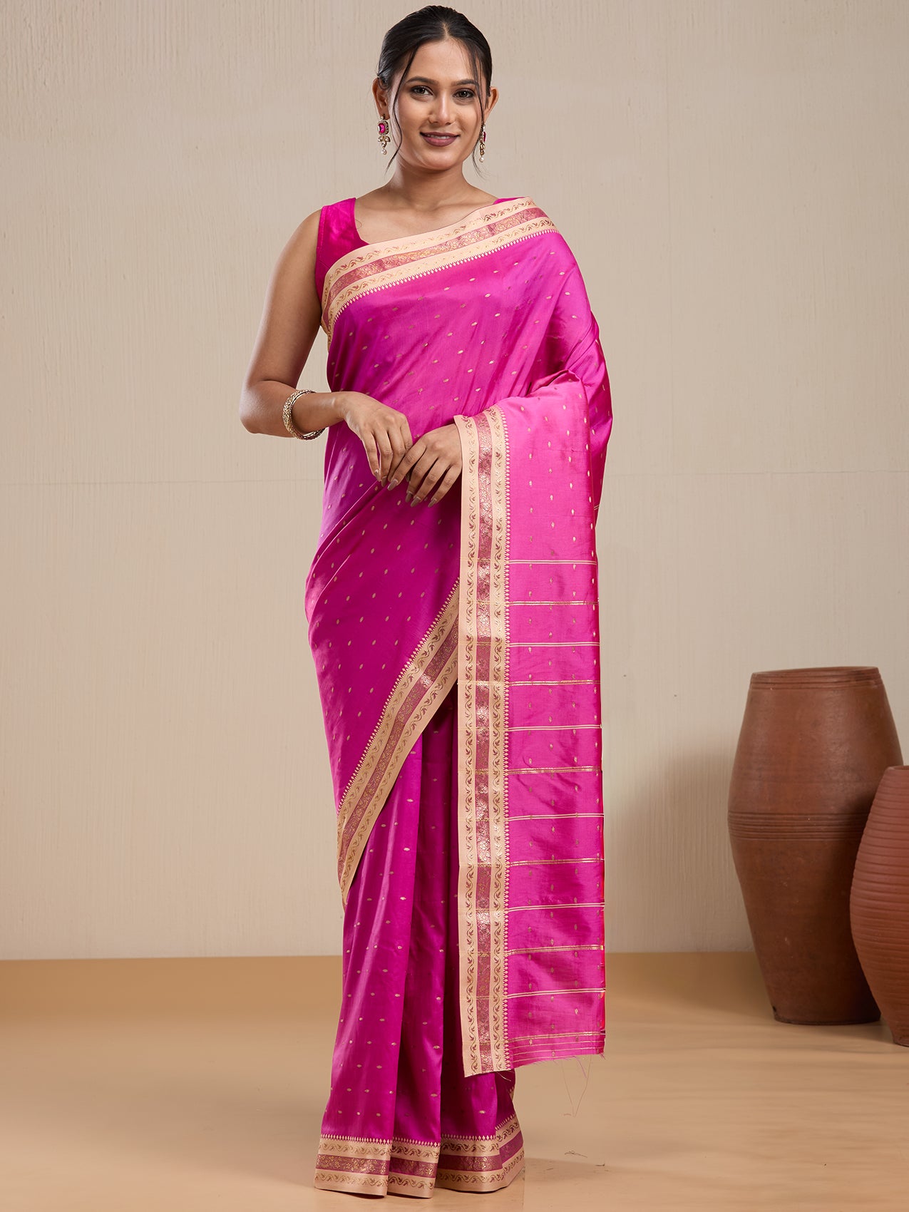 Vervee Couture Pink Silk Blend Saree with Zari Border and Semi Stitched Blouse | EKA