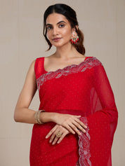 Vervee Couture Red Solid Poly Georgette Saree with Scalloped Border | EKA
