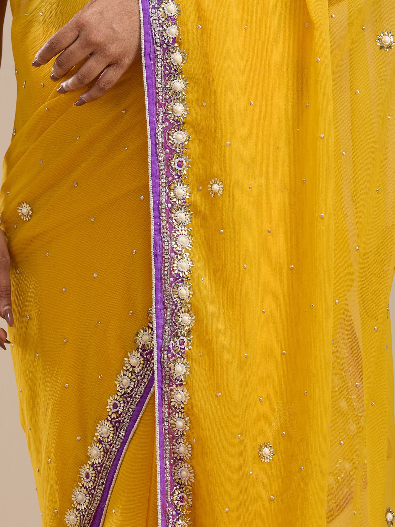 Vervee Couture Yellow Poly Georgette Embellished Saree with Semi Stitched Blouse | EKA