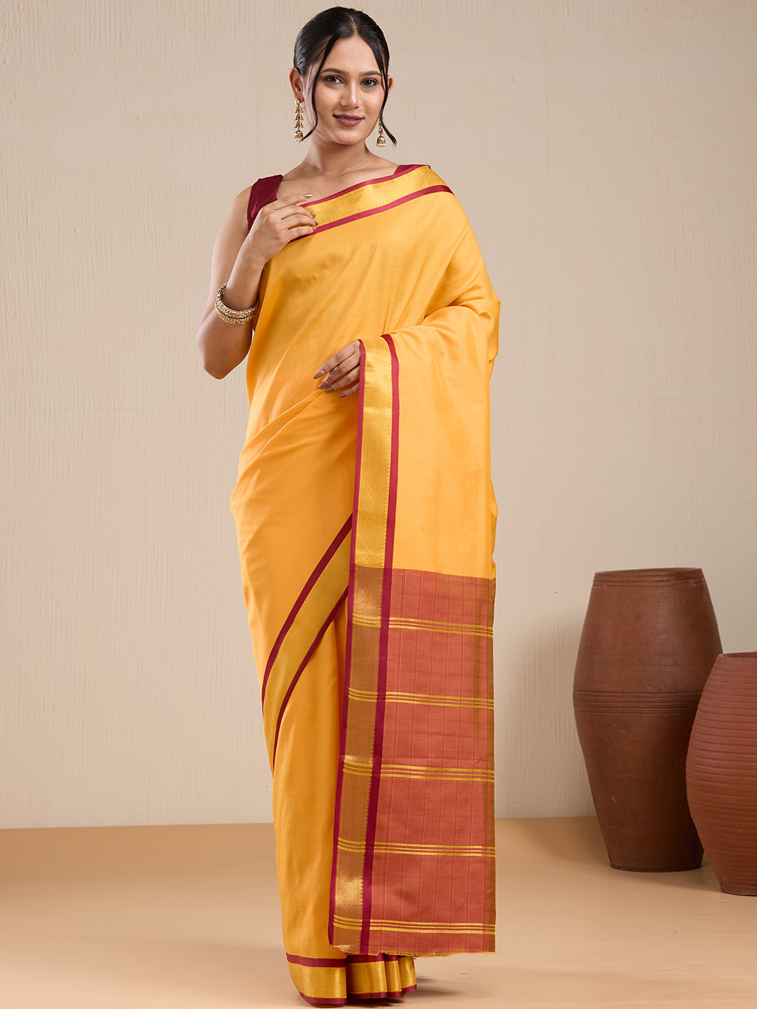 Vervee Couture Yellow Silk Blend Saree with Contrast Border and Semi Stitched Blouse | EKA