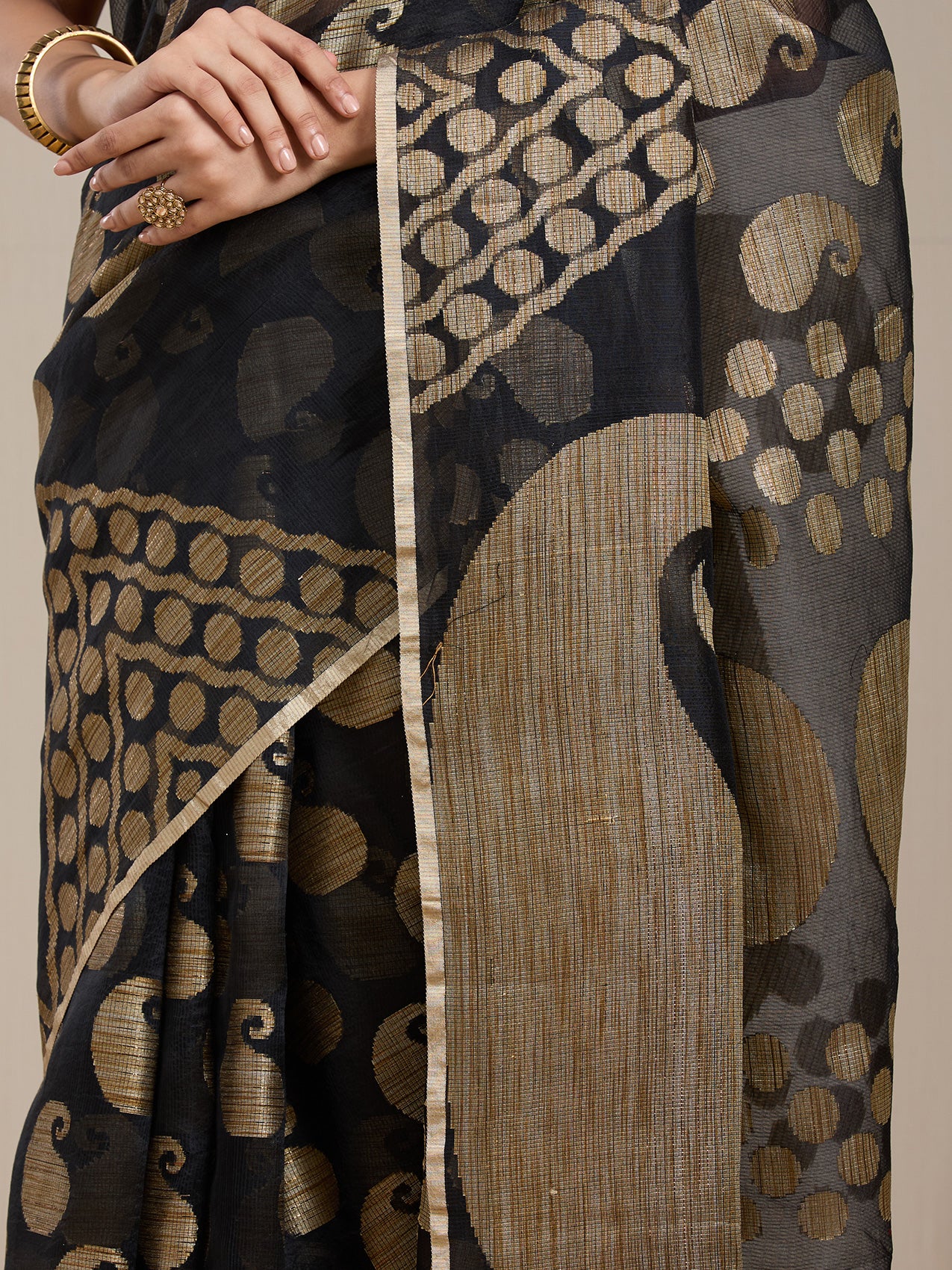 Vervee Couture Black Gold Printed Silk Blend Saree with Semi Stitched Blouse | EKA