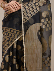 Vervee Couture Black Gold Printed Silk Blend Saree with Semi Stitched Blouse | EKA