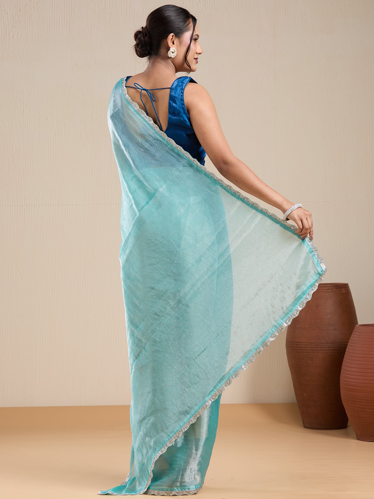 Vervee Couture Blue Silk Blend Saree with Lace Border and Semi Stitched Blouse | EKA