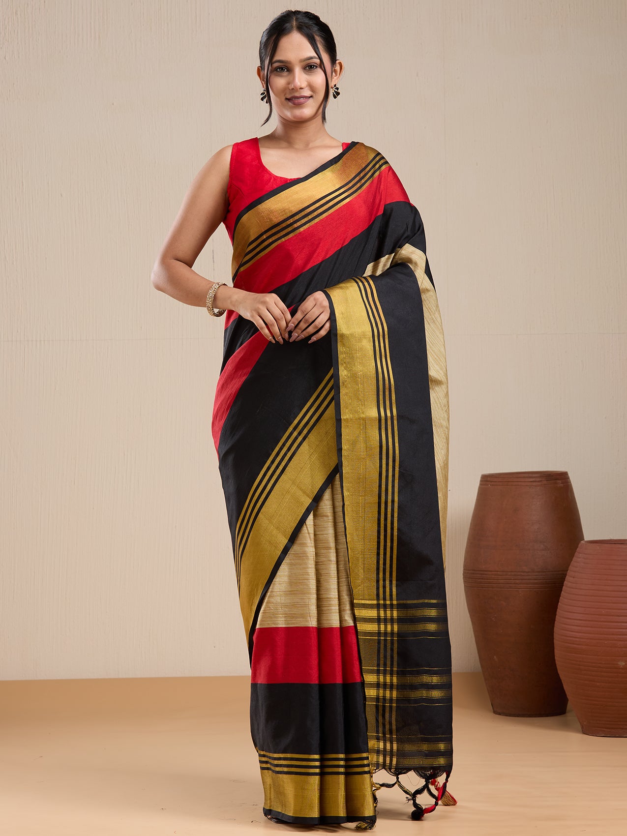Vervee Couture Black Silk Blend Saree with Zari Border | EKA