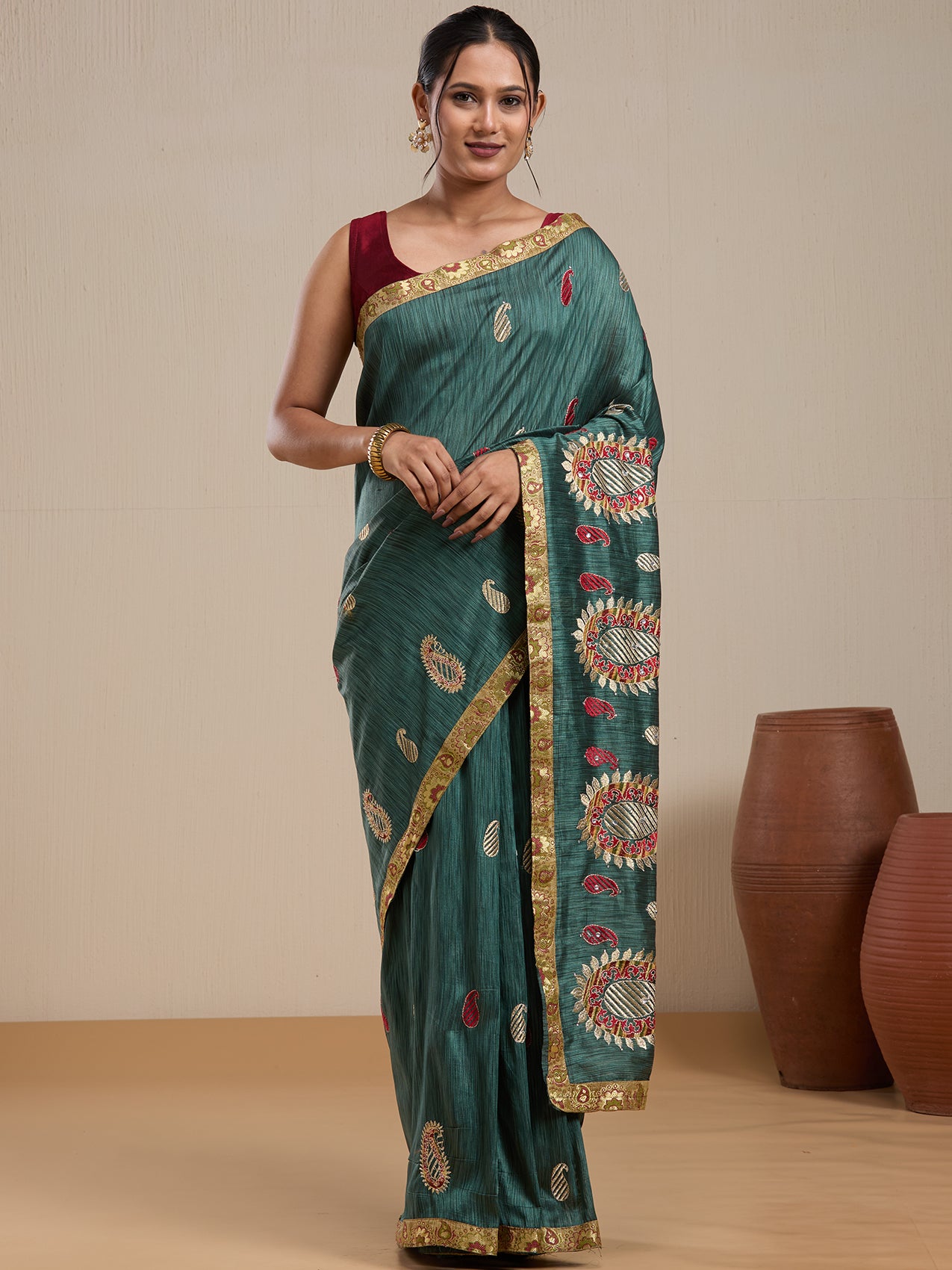 Vervee Couture Teal Green Silk Blend Saree with Ethnic Motifs and Semi Stitched Blouse | EKA