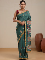 Vervee Couture Teal Green Silk Blend Saree with Ethnic Motifs and Semi Stitched Blouse | EKA