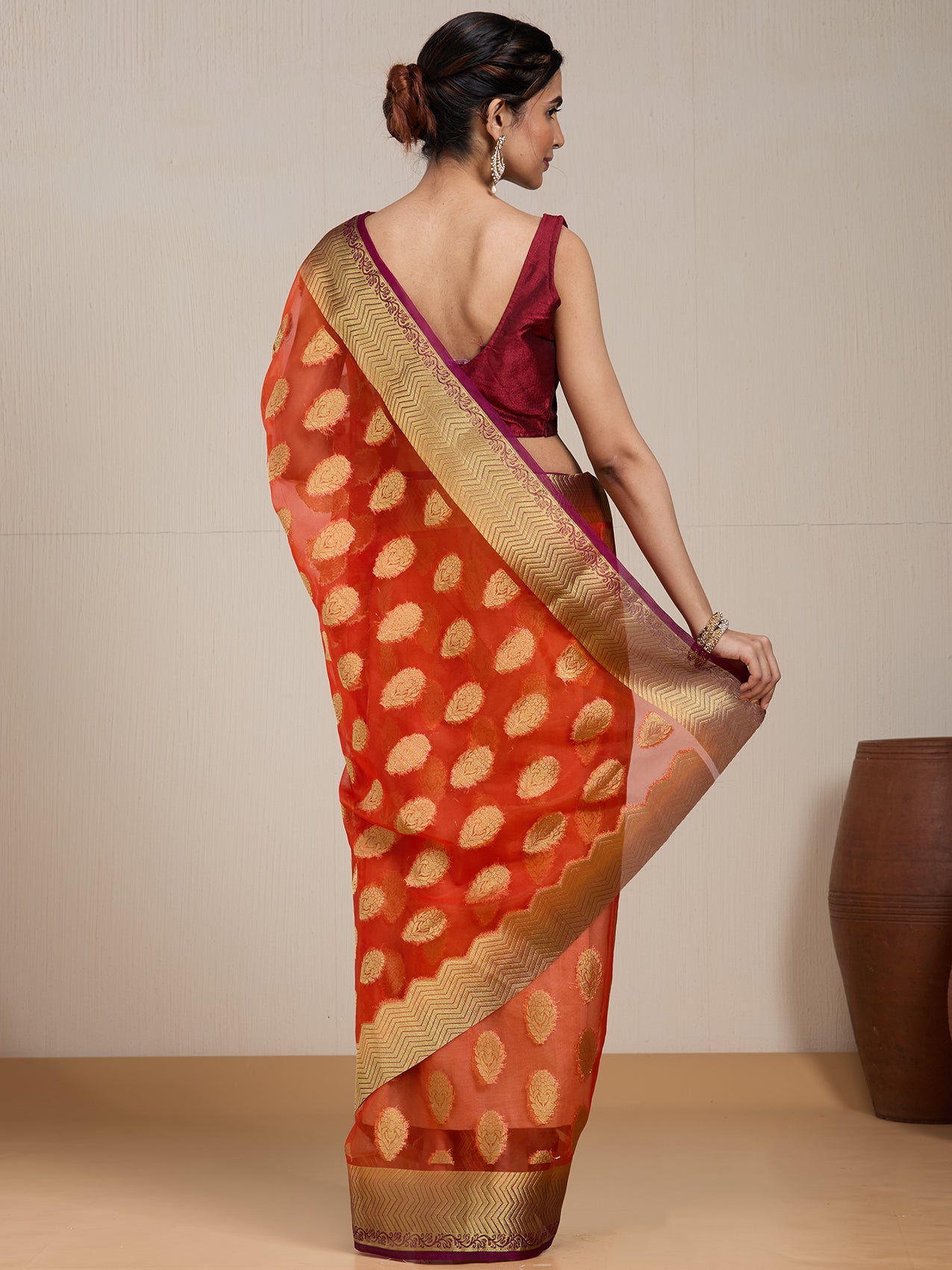 Vervee Couture Red Orange Woven Silk Blend Saree | EKA