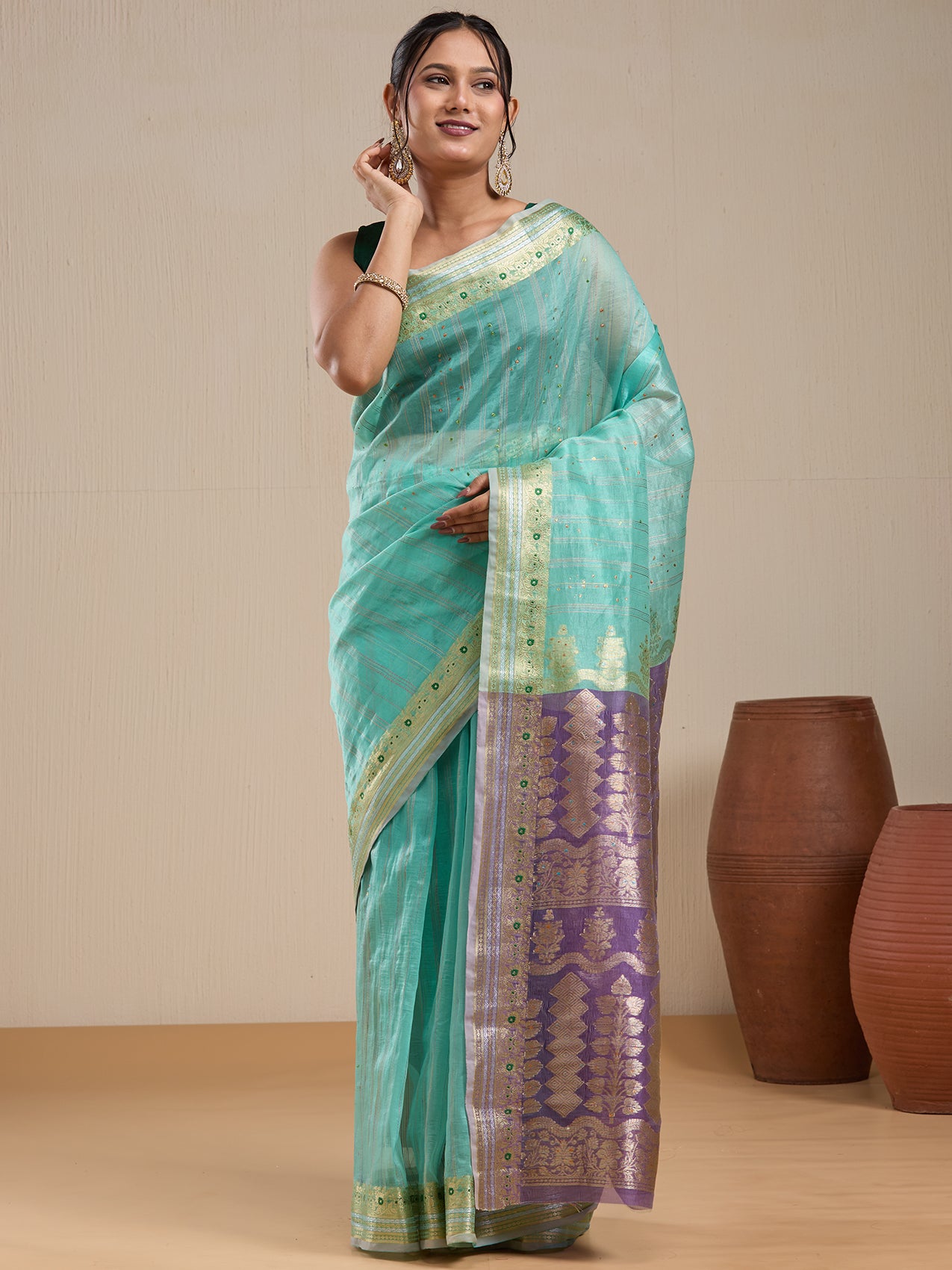 Vervee Couture Mint Green Silk Blend Saree with Purple Zari Border | EKA