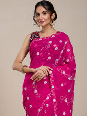 Vervee Couture Pink Embroidered Poly Georgette Saree with Semi Stitched Blouse | EKA