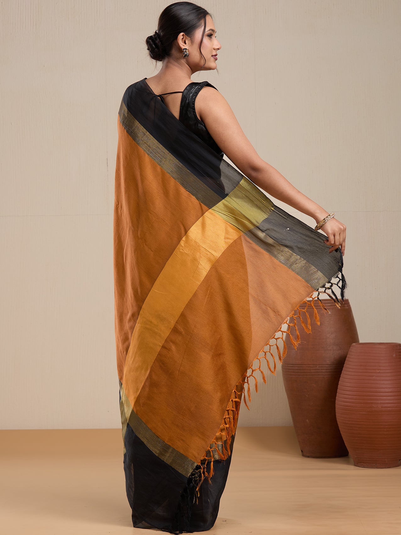 Vervee Couture Mustard Silk Blend Saree with Zari Border and Semi Stitched Blouse | EKA
