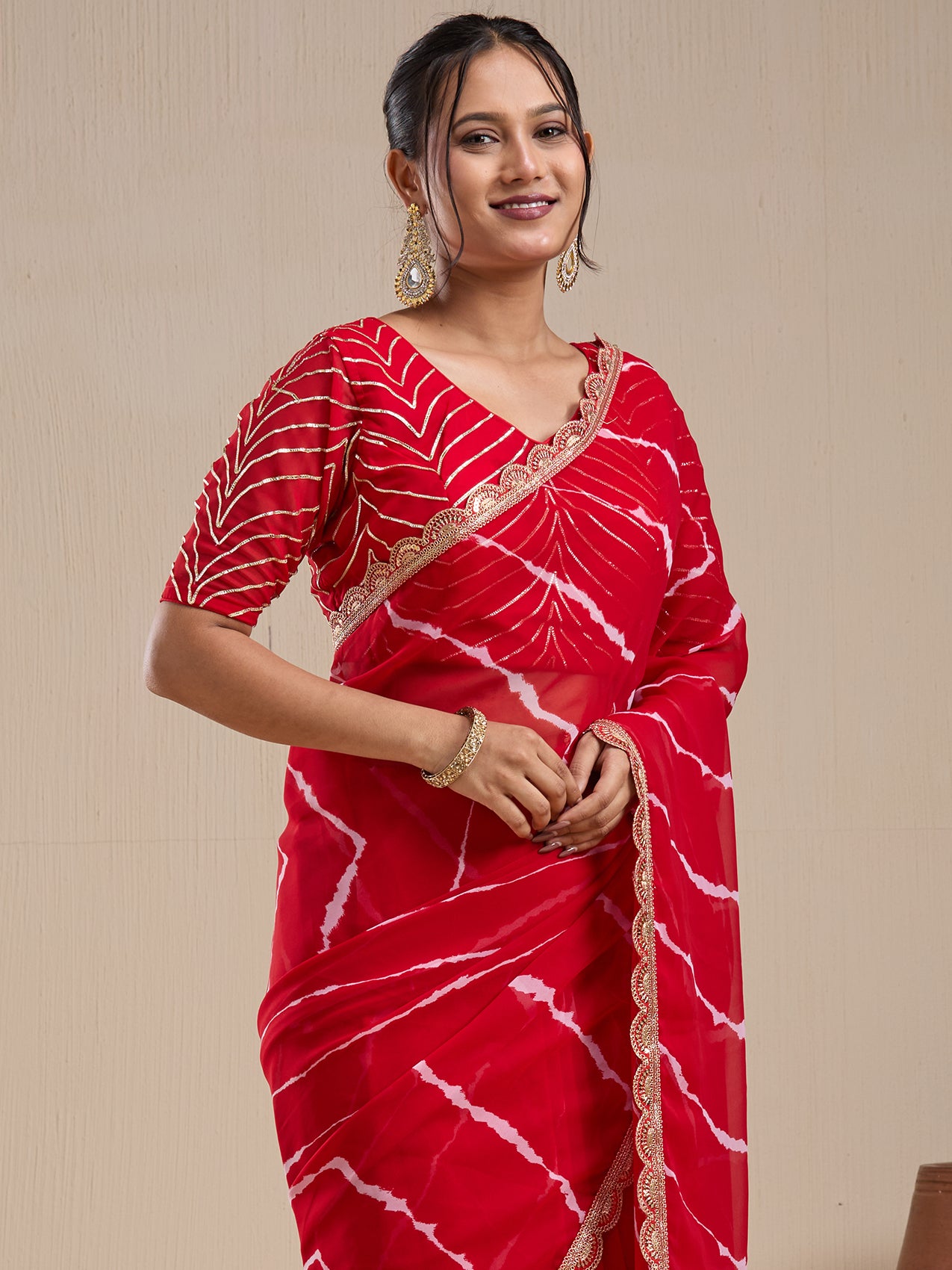 Vervee Couture Red Tie Dye Poly Georgette Saree with Embellished Border | EKA