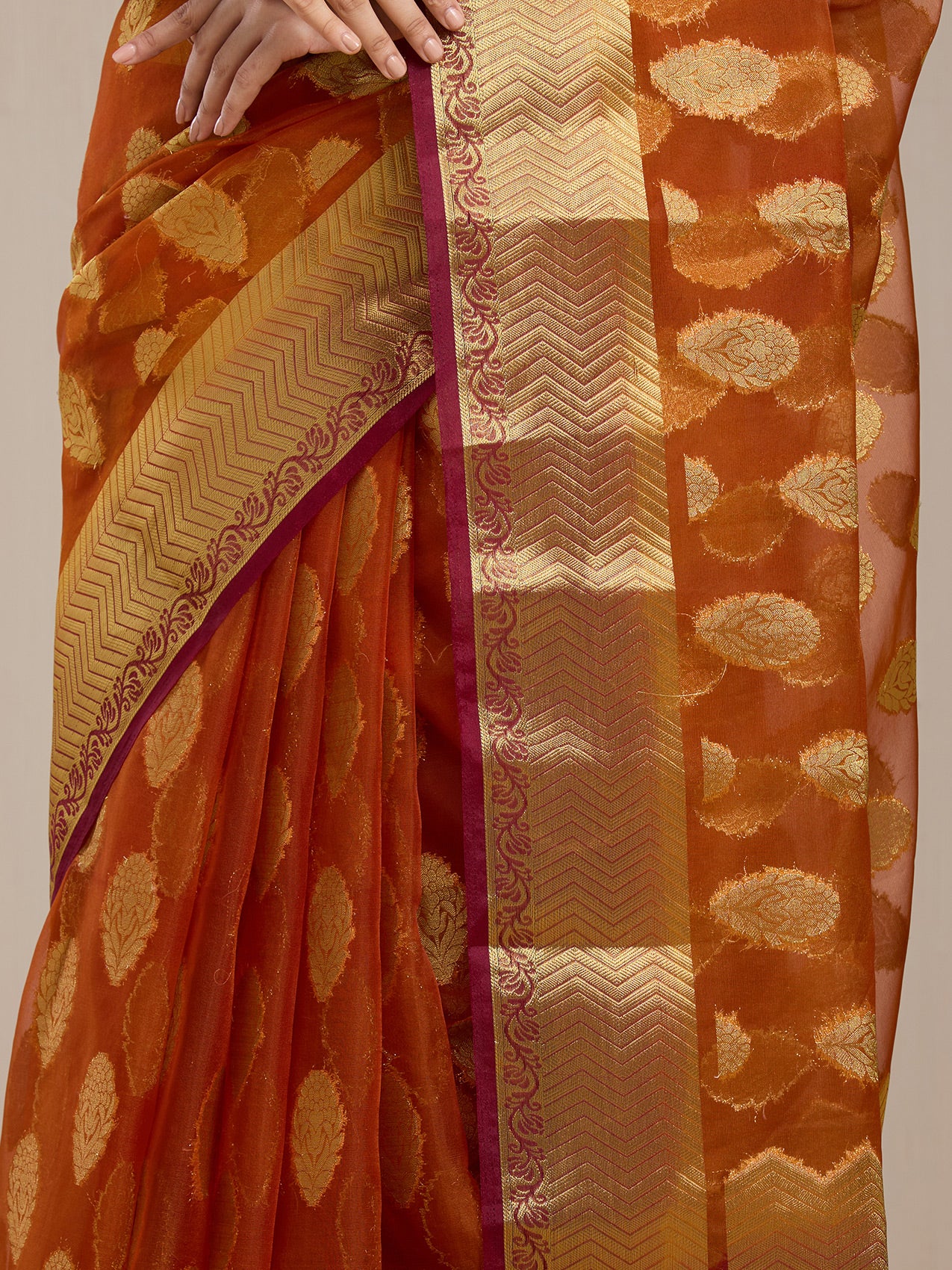 Vervee Couture Orange Woven Silk Blend Saree with Zari Border | EKA