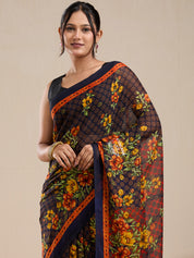 Vervee Couture Black Floral Poly Georgette Saree with Contrast Border and Semi Stitched Blouse | EKA
