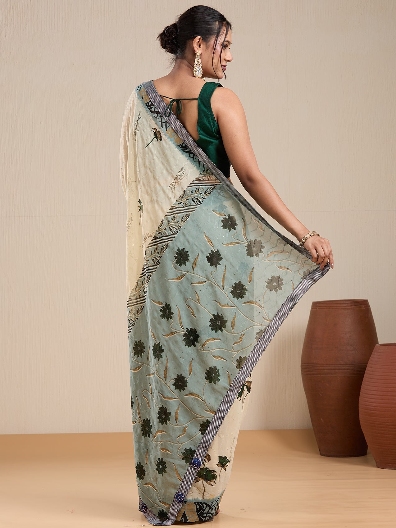 Vervee Couture Off White Floral Poly Georgette Saree with Contrast Pallu | EKA