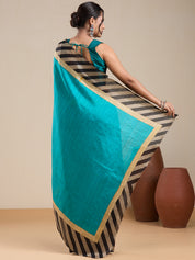 Vervee Couture Teal Beige Silk Blend Striped Saree | EKA